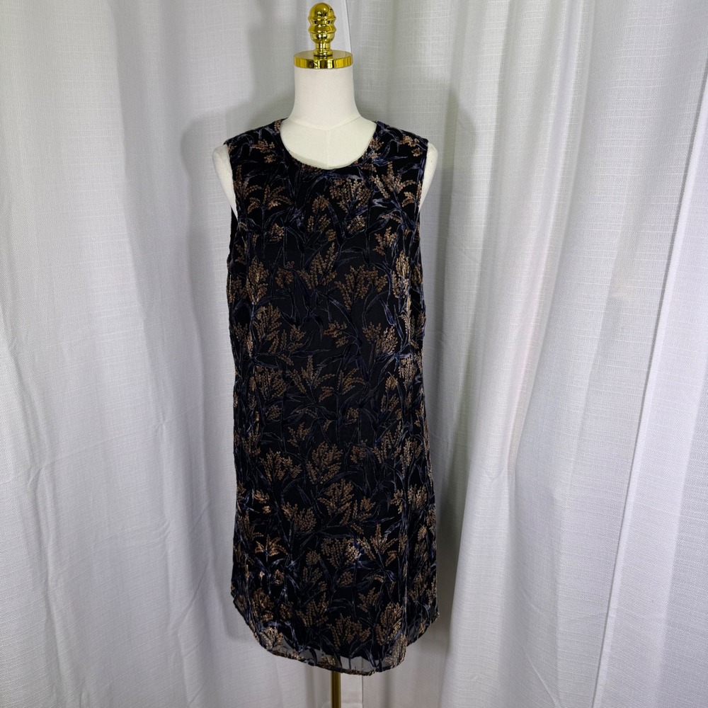 VTG Maggy London Shift Dress US 14 Black Brown Burnout‎ Velvet Floral USA Made